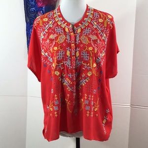 Johnny Was Biya red embroidered top XS